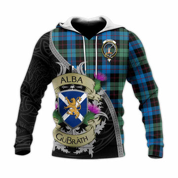 Guthrie Tartan Family Crest Knitted Hoodie Lion Rampant Royal Thistle Shield Celtic Inspired