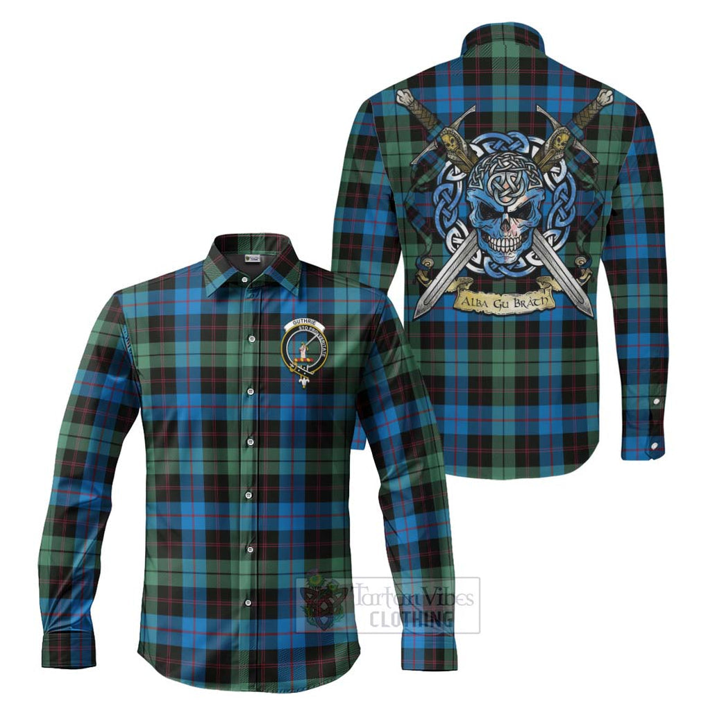 Guthrie Tartan Long Sleeve Button Shirt with Family Crest Celtic Skull Style Men's Shirt S - Tartan Vibes Clothing