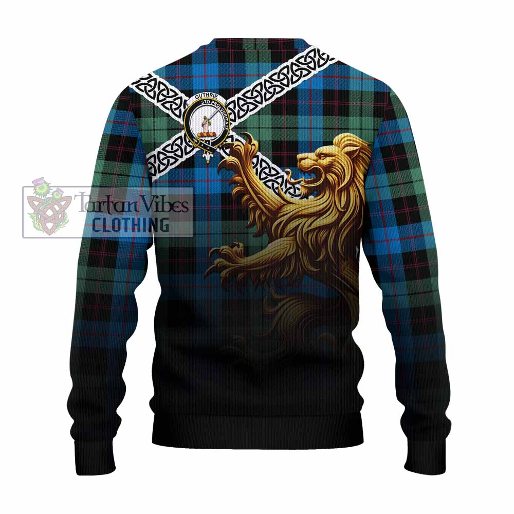 Tartan Vibes Clothing Guthrie Crest Tartan Knitted Sweater with Golden Lion Emblem Celtic Style