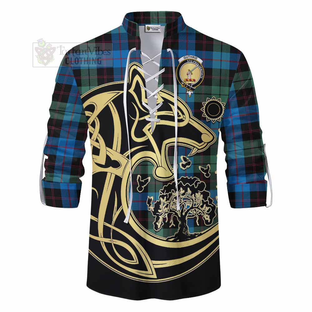 Guthrie Tartan Ghillie Kilt Shirt with Family Crest Celtic Wolf Style - Tartan Vibes Clothing