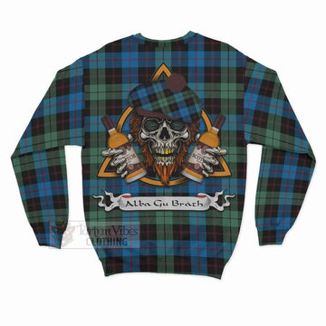 Guthrie Tartan Sweatshirt with Family Crest and Bearded Skull Holding Bottles of Whiskey - Tartan Vibes Clothing