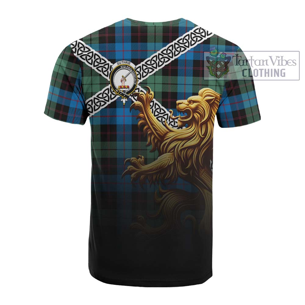 Tartan Vibes Clothing Guthrie Crest Tartan Cotton T-shirt with Golden Lion Emblem Celtic Style