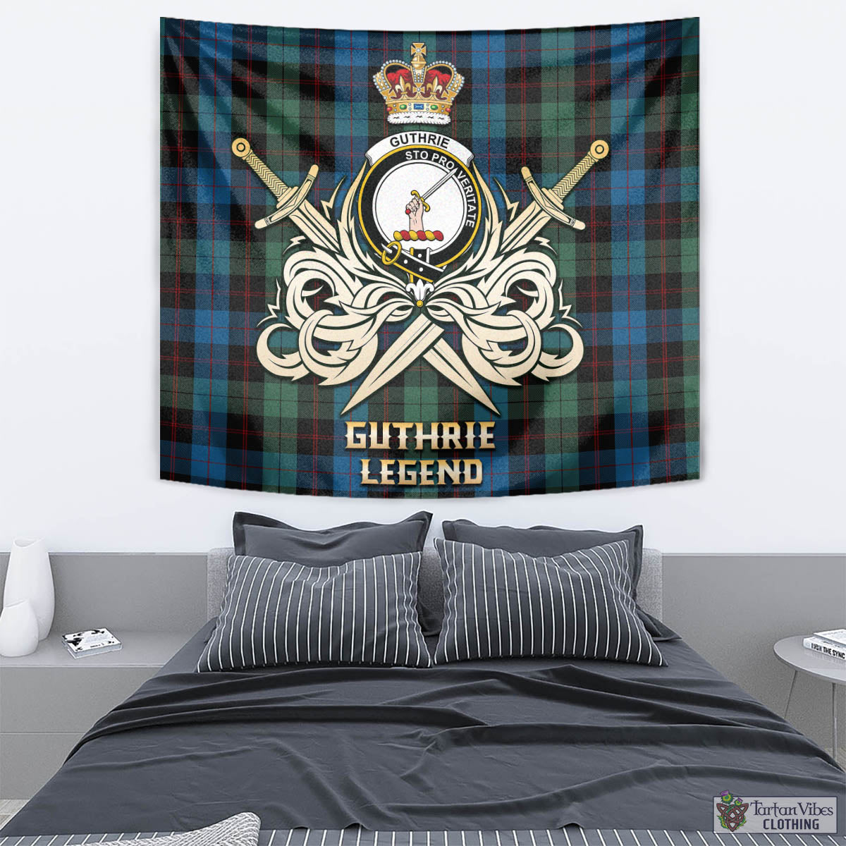 Guthrie Tartan Tapestry with Clan Crest and the Golden Sword of Courageous Legacy - Tartan Vibes Clothing