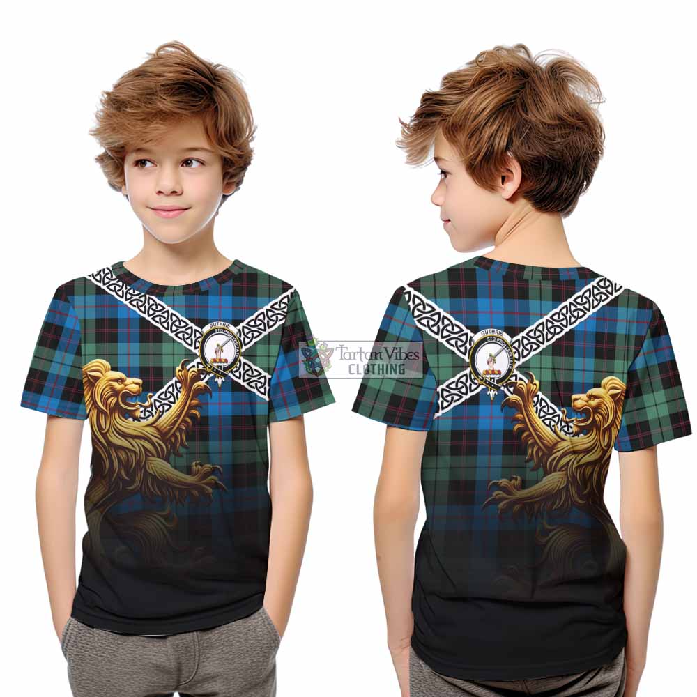 Tartan Vibes Clothing Guthrie Crest Tartan Kid T-Shirt with Golden Lion Emblem Celtic Style