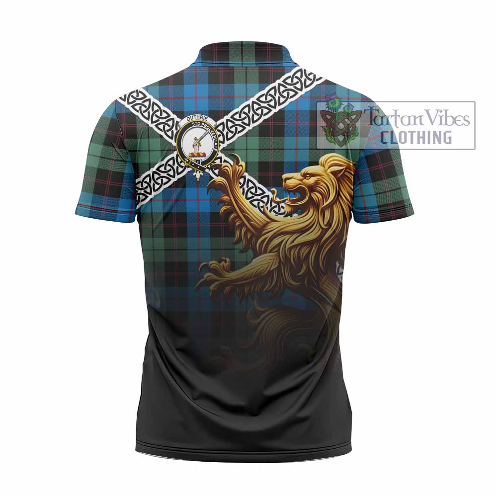 Guthrie Crest Tartan Zipper Polo Shirt with Golden Lion Emblem Celtic Style - Tartan Vibes Clothing