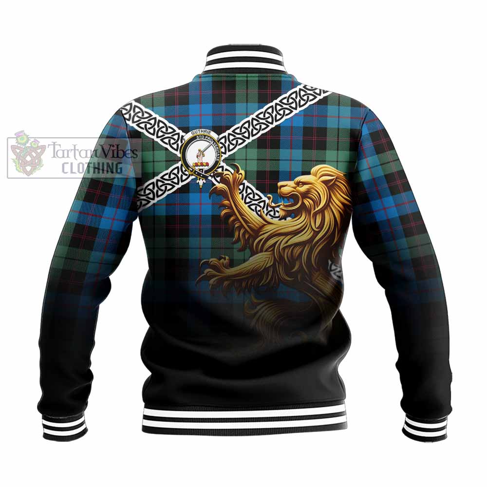 Tartan Vibes Clothing Guthrie Crest Tartan Baseball Jacket with Golden Lion Emblem Celtic Style