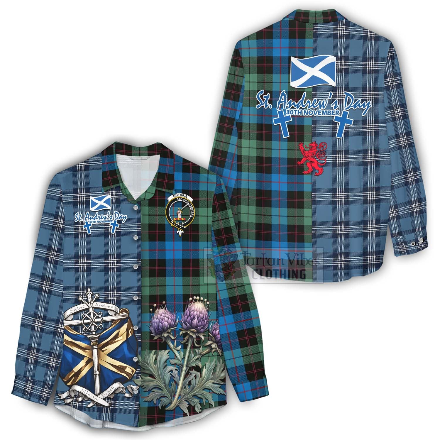Guthrie Tartan Women's Casual Shirt Happy St. Andrew's Day Half Tartan Style - Tartan Vibes Clothing