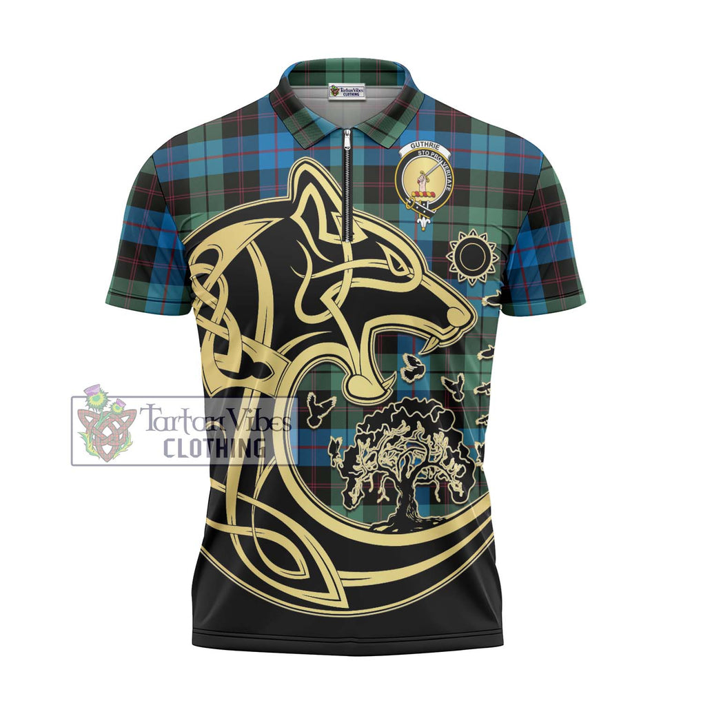 Guthrie Tartan Zipper Polo Shirt with Family Crest Celtic Wolf Style - Tartanvibesclothing Shop
