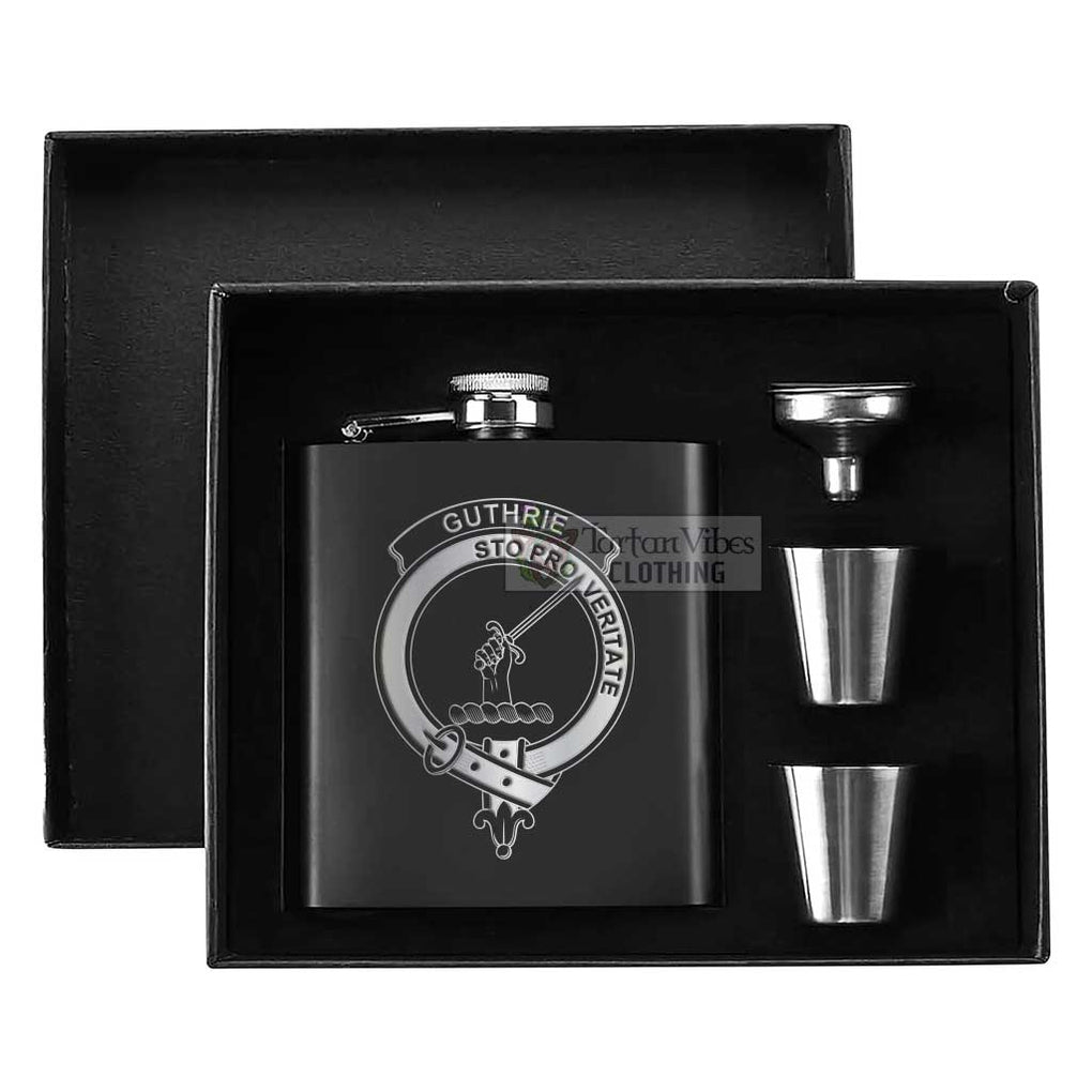 Tartan Vibes Clothing Guthrie Crest Hip Flask Set 7oz Black Stainless Steel with A Gift Box
