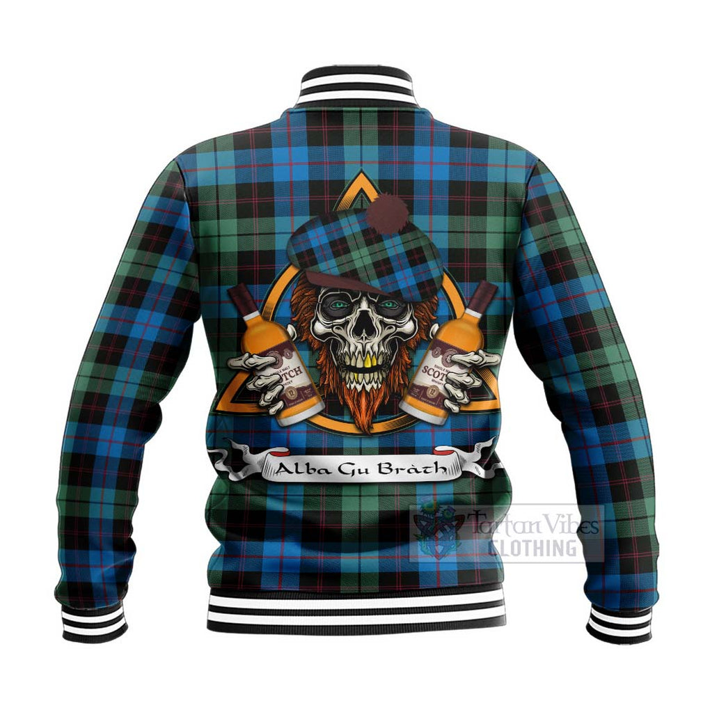 Guthrie Tartan Baseball Jacket with Family Crest and Bearded Skull Holding Bottles of Whiskey - Tartan Vibes Clothing