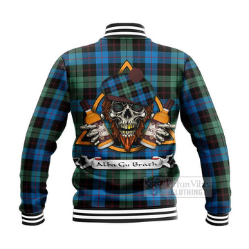 Guthrie Tartan Baseball Jacket with Family Crest and Bearded Skull Holding Bottles of Whiskey - Tartan Vibes Clothing