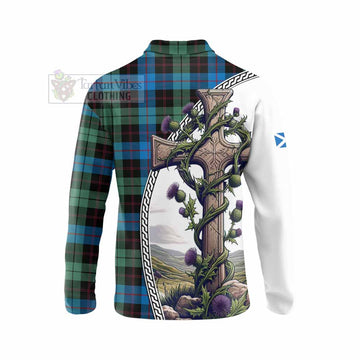 Guthrie Tartan Long Sleeve Polo Shirt with Family Crest and St. Andrew's Cross Accented by Thistle Vines - Tartan Vibes Clothing