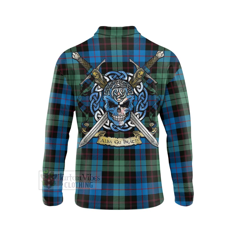 Guthrie Tartan Long Sleeve Polo Shirt with Family Crest Celtic Skull Style - Tartan Vibes Clothing