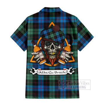 Guthrie Tartan Hawaiian Shirt with Family Crest and Bearded Skull Holding Bottles of Whiskey - Tartan Vibes Clothing