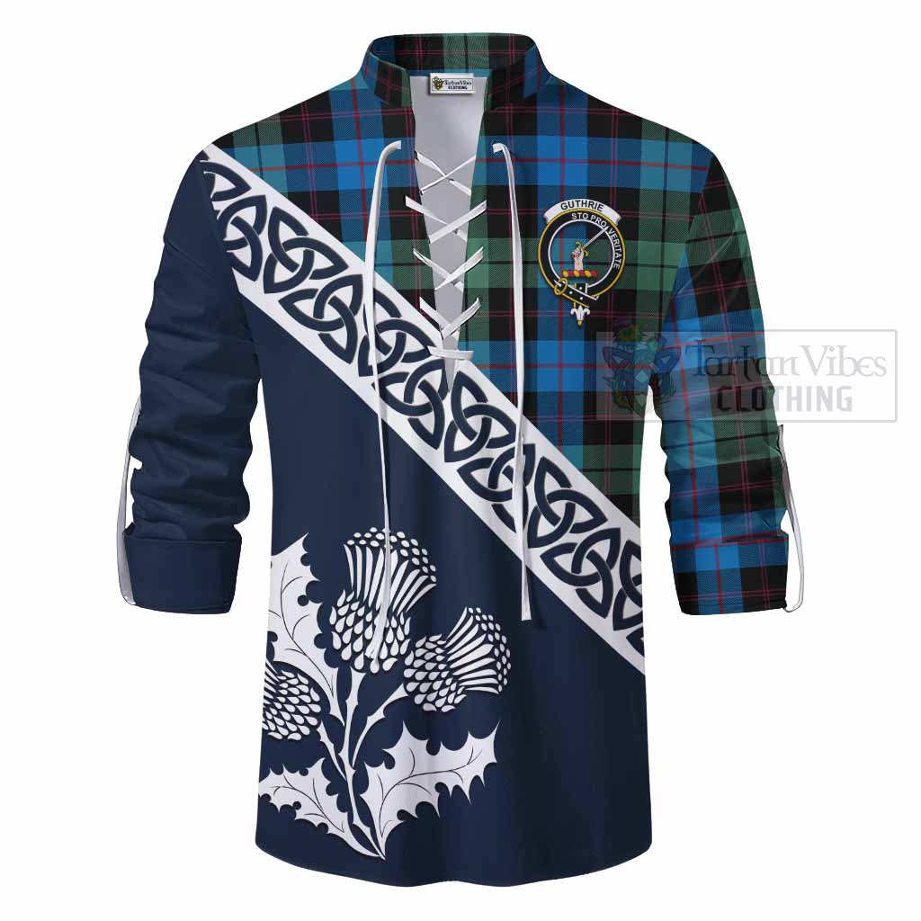 Guthrie Tartan Ghillie Kilt Shirt Featuring Thistle and Scotland Map - Tartan Vibes Clothing
