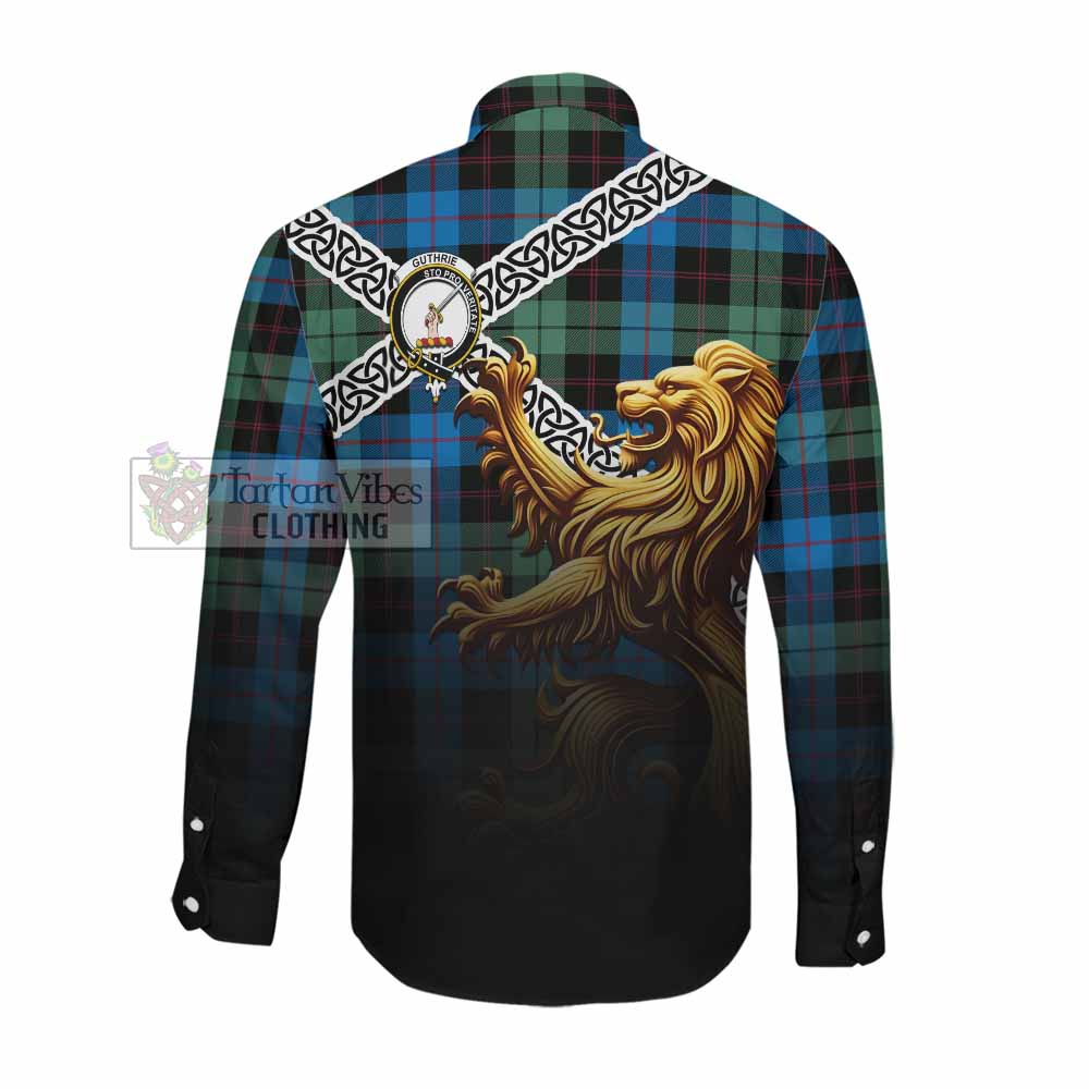 Tartan Vibes Clothing Guthrie Crest Tartan Long Sleeve Button Shirt with Golden Lion Emblem Celtic Style