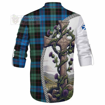 Guthrie Tartan Ghillie Kilt Shirt with Family Crest and St. Andrew's Cross Accented by Thistle Vines - Tartan Vibes Clothing