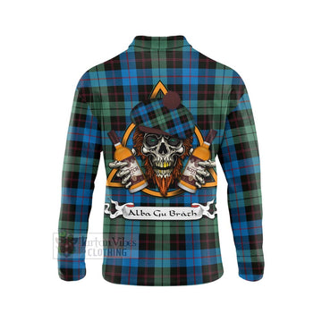 Guthrie Tartan Long Sleeve Polo Shirt with Family Crest and Bearded Skull Holding Bottles of Whiskey - Tartan Vibes Clothing