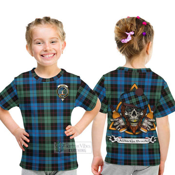 Guthrie Tartan Kid T-Shirt with Family Crest and Bearded Skull Holding Bottles of Whiskey - Tartan Vibes Clothing