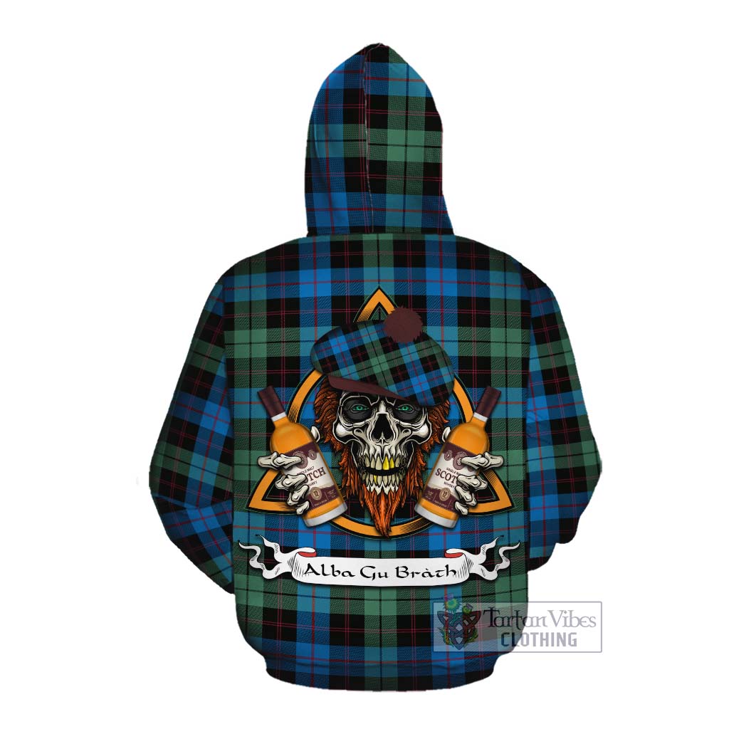 Tartan Vibes Clothing Guthrie Tartan Cotton Hoodie with Family Crest and Bearded Skull Holding Bottles of Whiskey