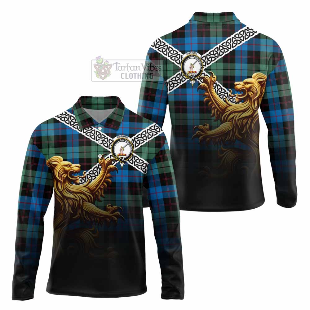Tartan Vibes Clothing Guthrie Crest Tartan Long Sleeve Polo Shirt with Golden Lion Emblem Celtic Style