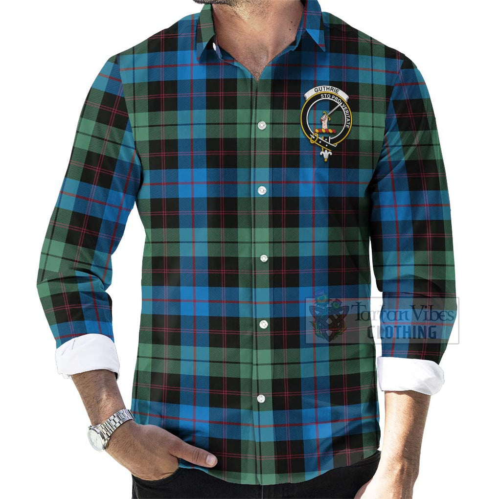 Guthrie Tartan Long Sleeve Button Shirt with Family Crest Celtic Skull Style - Tartan Vibes Clothing