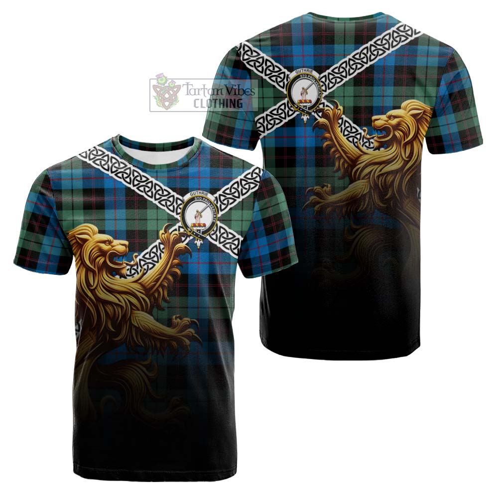 Tartan Vibes Clothing Guthrie Crest Tartan Cotton T-shirt with Golden Lion Emblem Celtic Style
