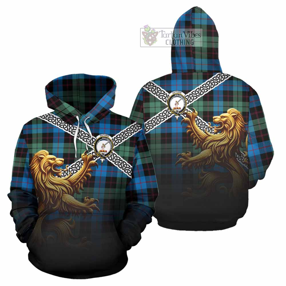 Tartan Vibes Clothing Guthrie Crest Tartan Hoodie with Golden Lion Emblem Celtic Style