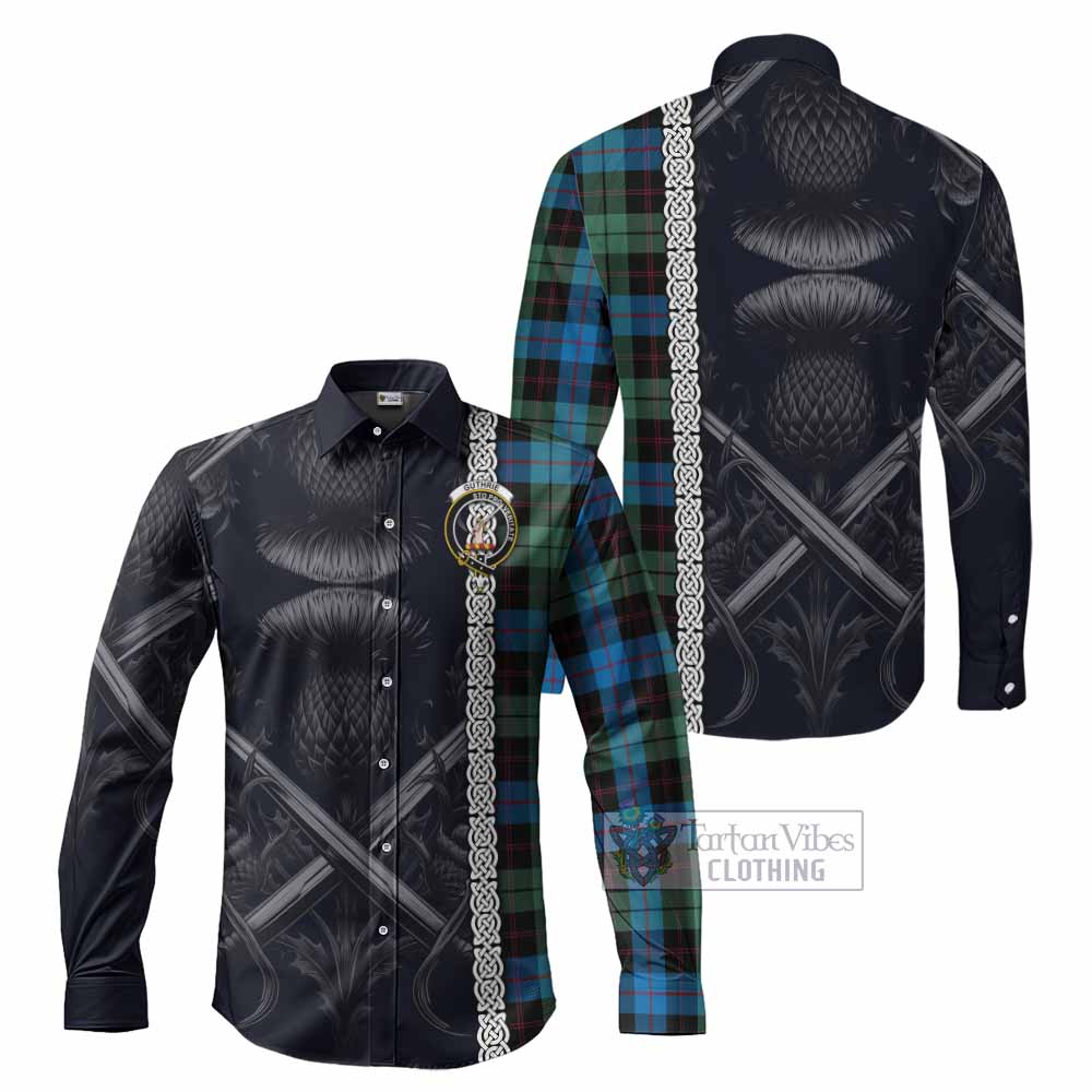 Tartan Vibes Clothing Guthrie Tartan Long Sleeve Button Shirt with Family Crest Cross Sword Thistle Celtic Vibes