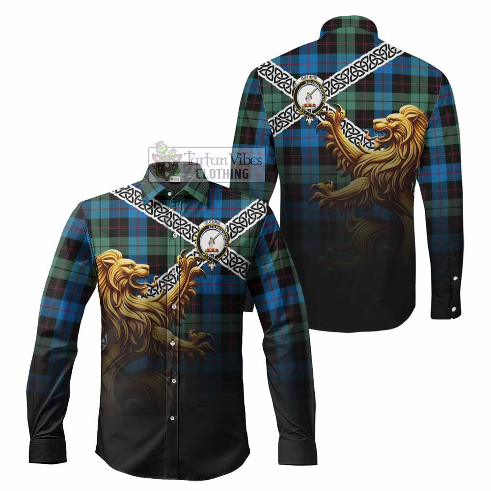Tartan Vibes Clothing Guthrie Crest Tartan Long Sleeve Button Shirt with Golden Lion Emblem Celtic Style