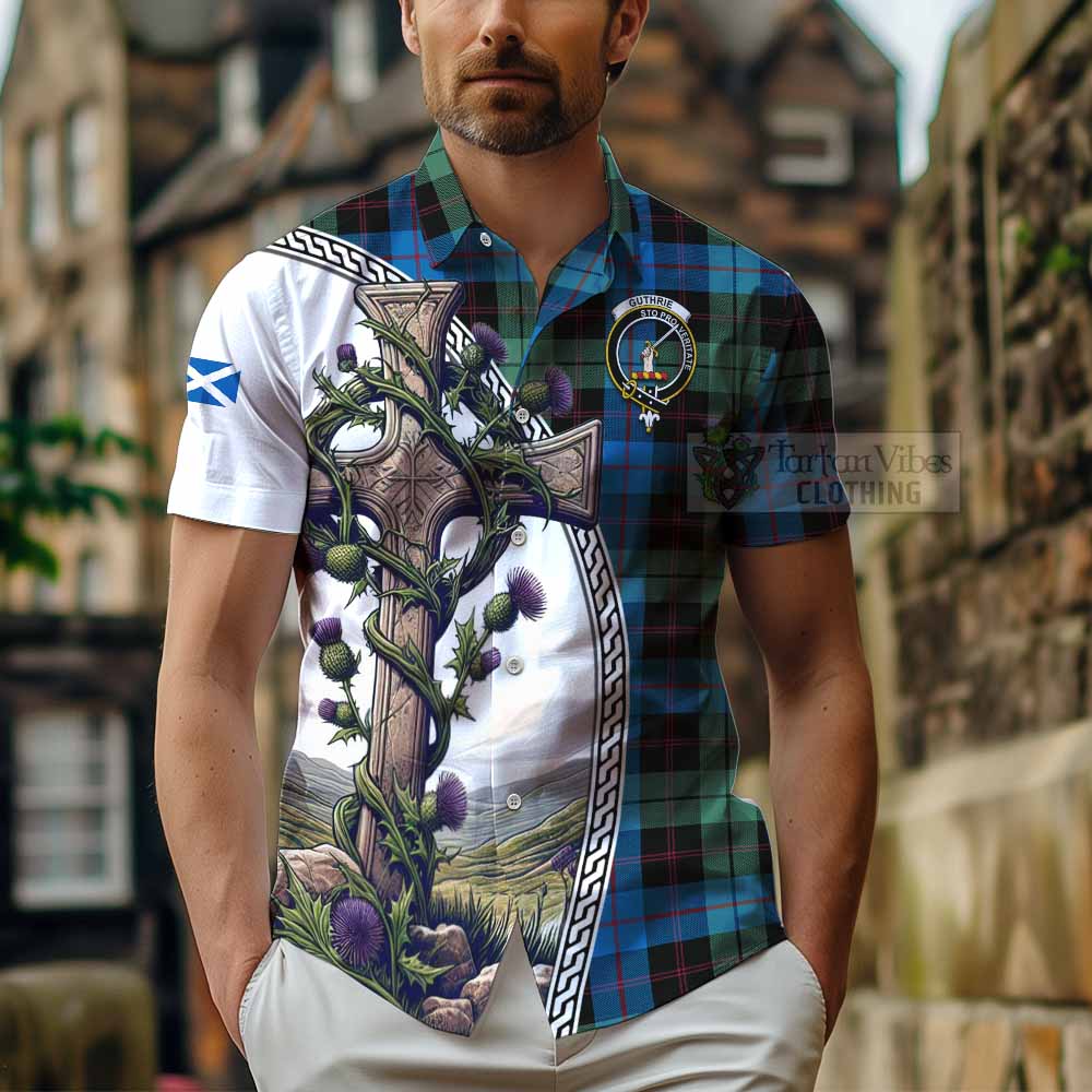 Guthrie Tartan Hawaiian Shirt with Family Crest and St. Andrew's Cross Accented by Thistle Vines - Tartan Vibes Clothing