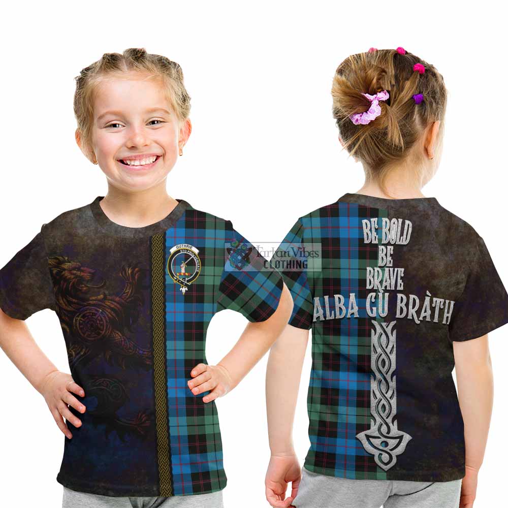 Guthrie Tartan Family Crest Kid T-Shirt Alba Gu Brath Be Brave Lion Ancient Style - Tartan Vibes Clothing