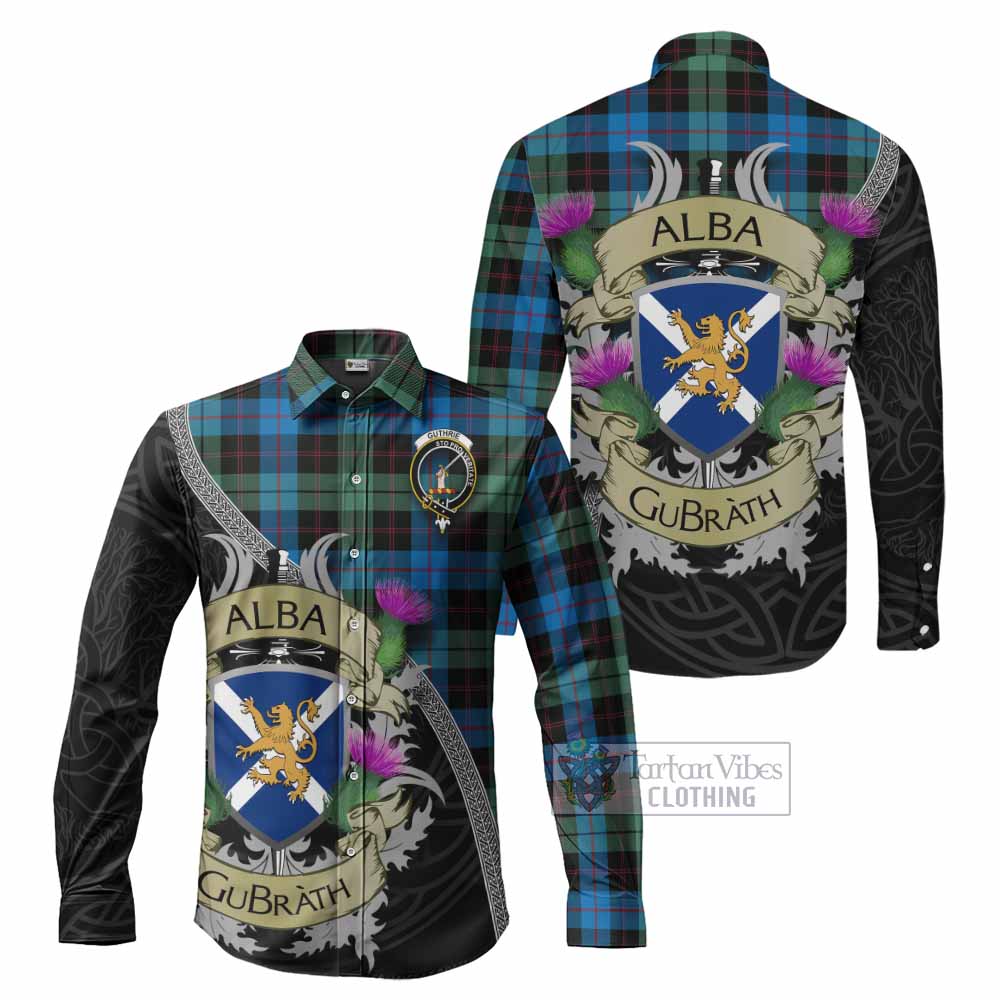 Guthrie Tartan Family Crest Long Sleeve Button Shirt Lion Rampant Royal Thistle Shield Celtic Inspired - Tartan Vibes Clothing
