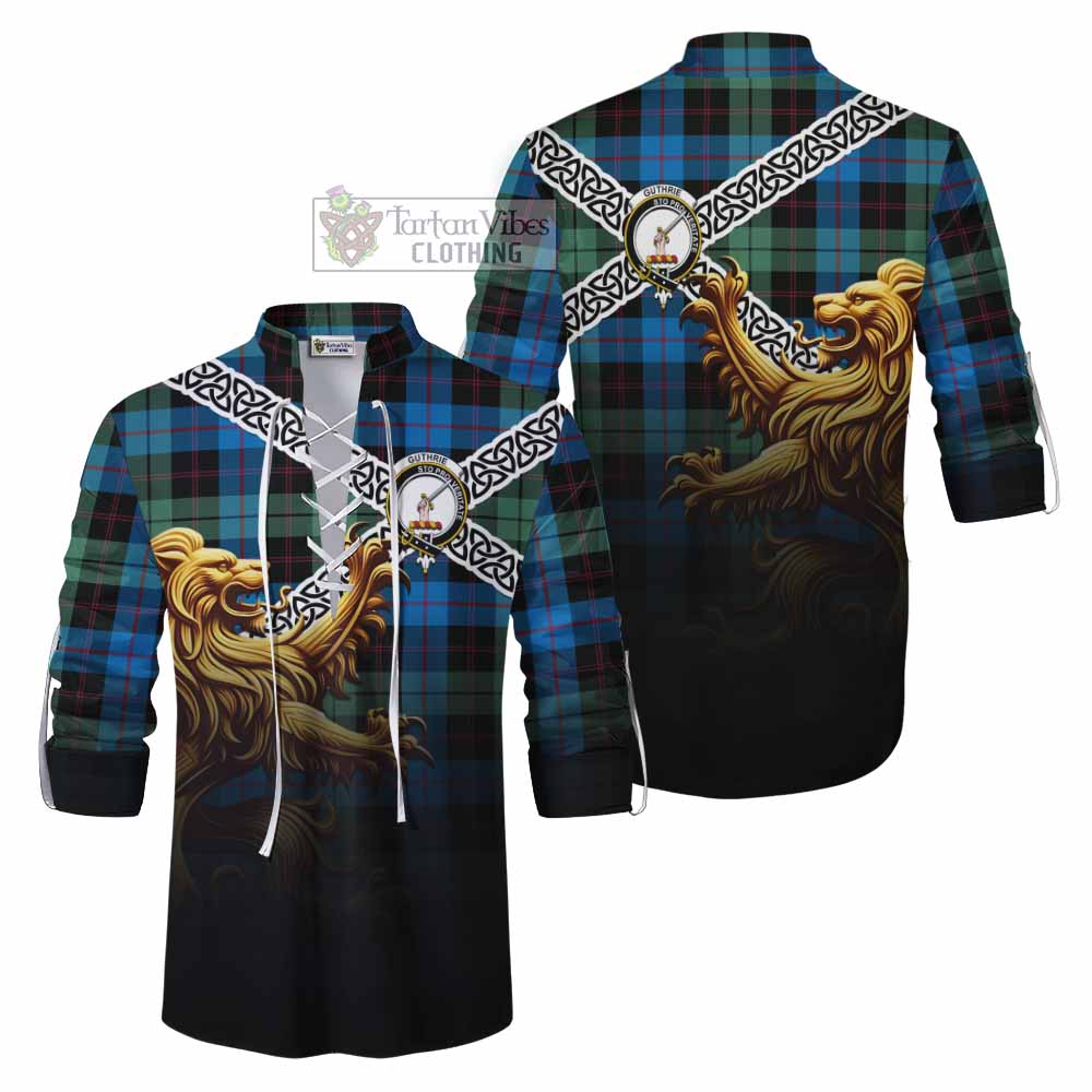 Tartan Vibes Clothing Guthrie Crest Tartan Ghillie Kilt Shirt with Golden Lion Emblem Celtic Style