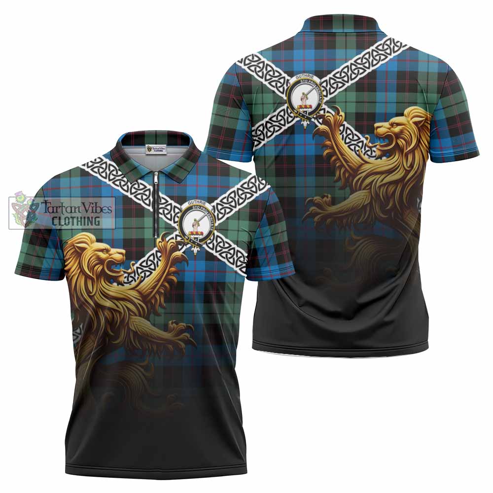 Guthrie Crest Tartan Zipper Polo Shirt with Golden Lion Emblem Celtic Style - Tartan Vibes Clothing
