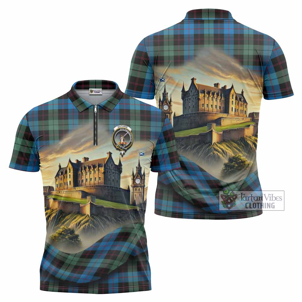 Guthrie Tartan Family Crest Zipper Polo Shirt with Scottish Ancient Castle Style - Tartan Vibes Clothing