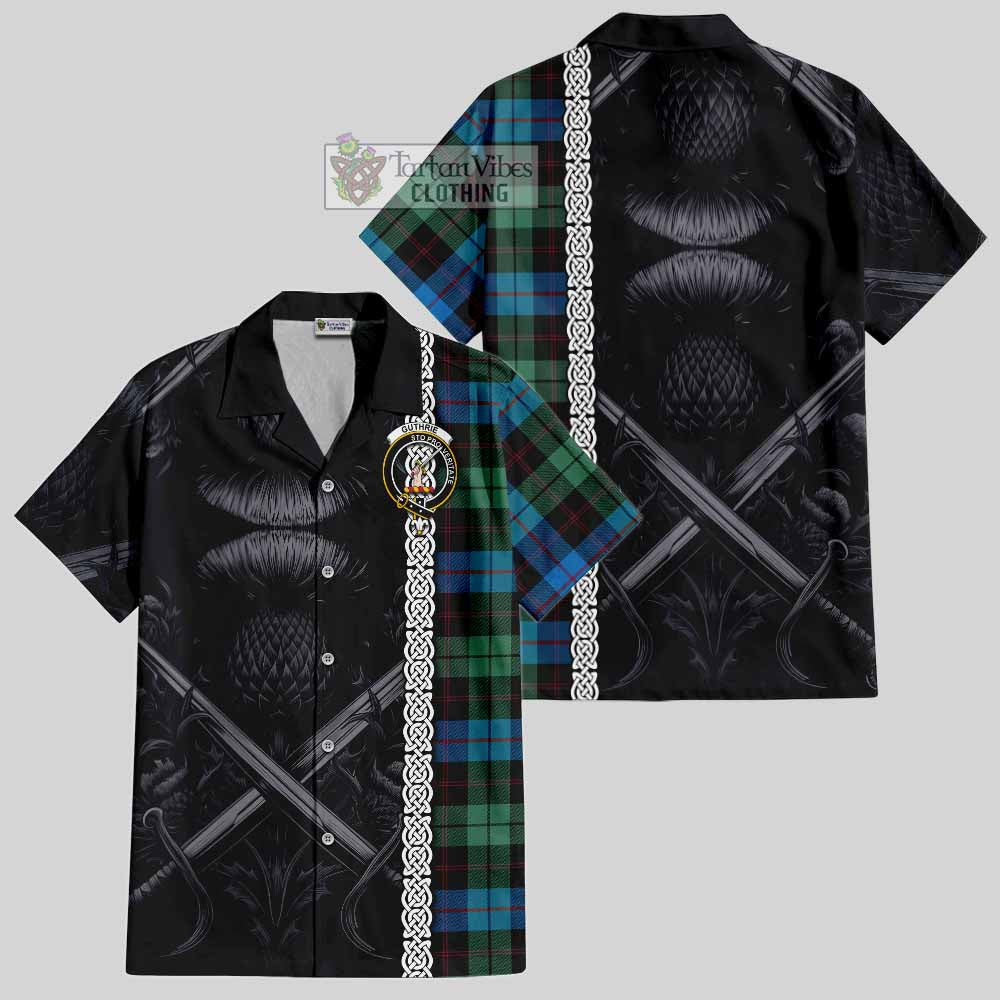Guthrie Tartan Hawaiian Shirt with Family Crest Cross Sword Thistle Celtic Vibes - Tartan Vibes Clothing