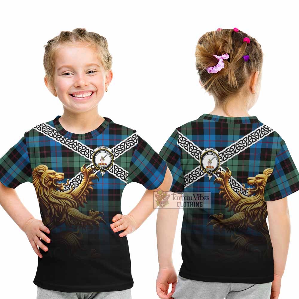 Tartan Vibes Clothing Guthrie Crest Tartan Kid T-Shirt with Golden Lion Emblem Celtic Style