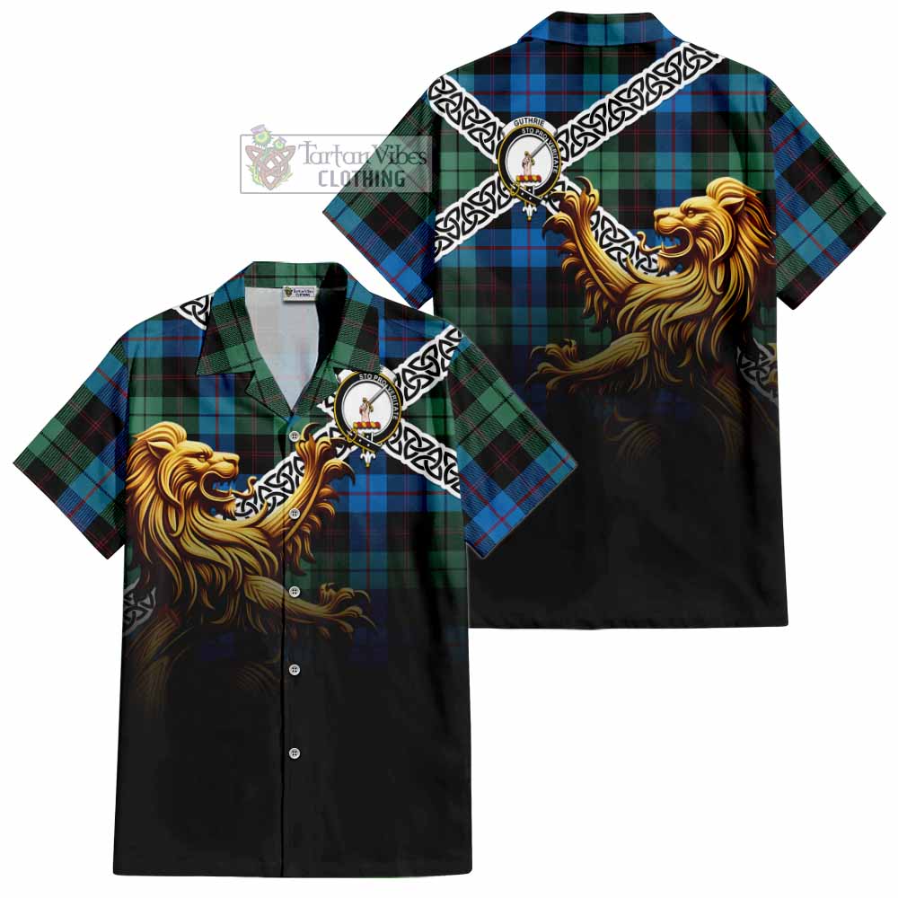 Tartan Vibes Clothing Guthrie Crest Tartan Short Sleeve Button Shirt with Golden Lion Emblem Celtic Style