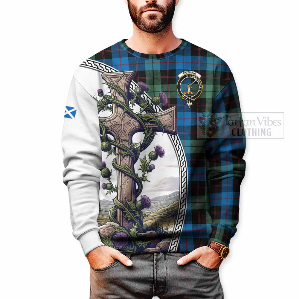 Guthrie Tartan Sweatshirt with Family Crest and St. Andrew's Cross Accented by Thistle Vines - Tartan Vibes Clothing