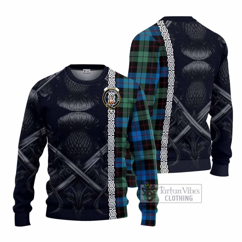 Guthrie Tartan Knitted Sweater with Family Crest Cross Sword Thistle Celtic Vibes - Tartan Vibes Clothing