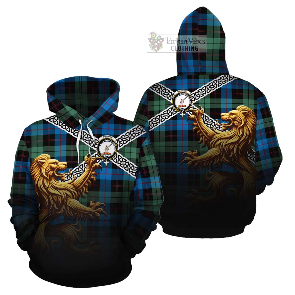 Tartan Vibes Clothing Guthrie Crest Tartan Cotton Hoodie with Golden Lion Emblem Celtic Style