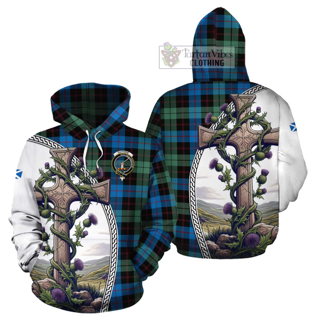 Tartan Vibes Clothing Guthrie Tartan Cotton Hoodie with Family Crest and St. Andrew's Cross Accented by Thistle Vines