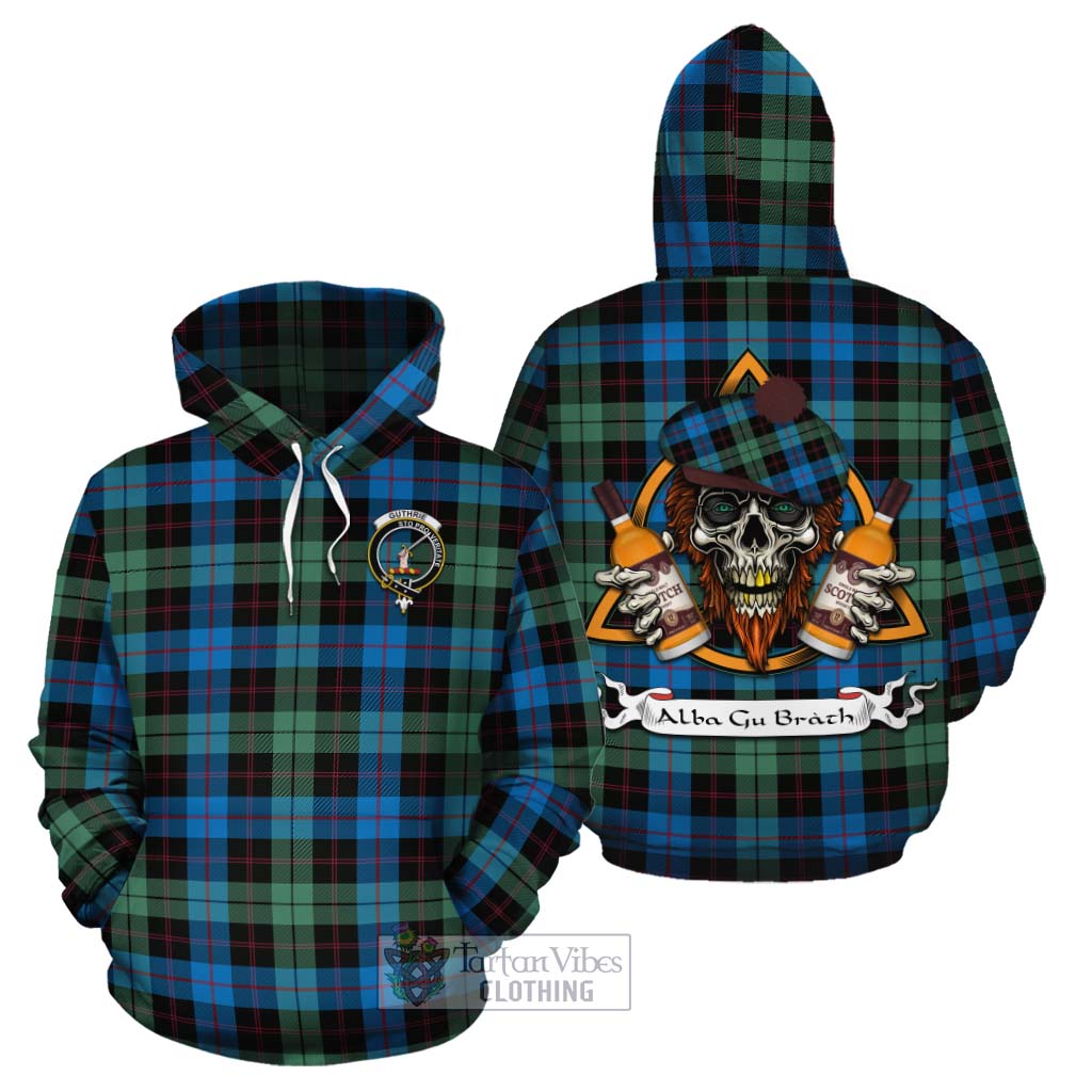 Tartan Vibes Clothing Guthrie Tartan Cotton Hoodie with Family Crest and Bearded Skull Holding Bottles of Whiskey