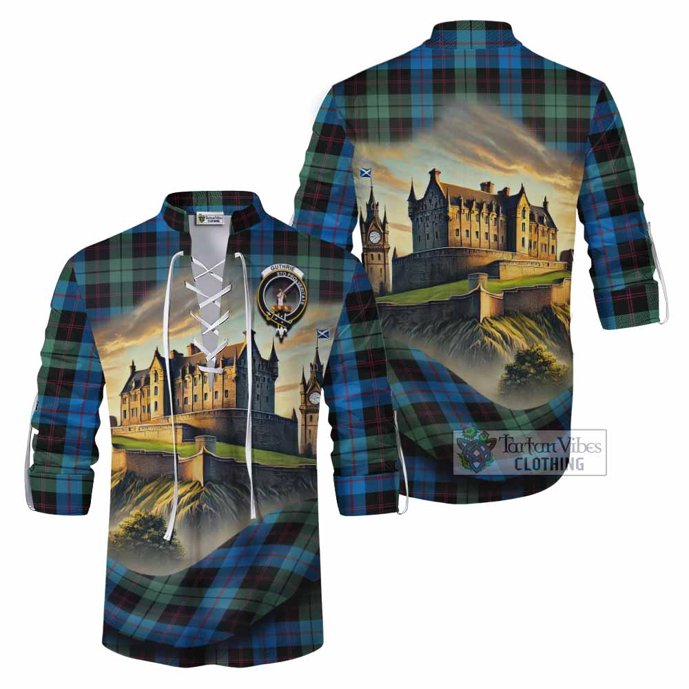 Guthrie Tartan Family Crest Ghillie Kilt Shirt with Scottish Ancient Castle Style - Tartan Vibes Clothing