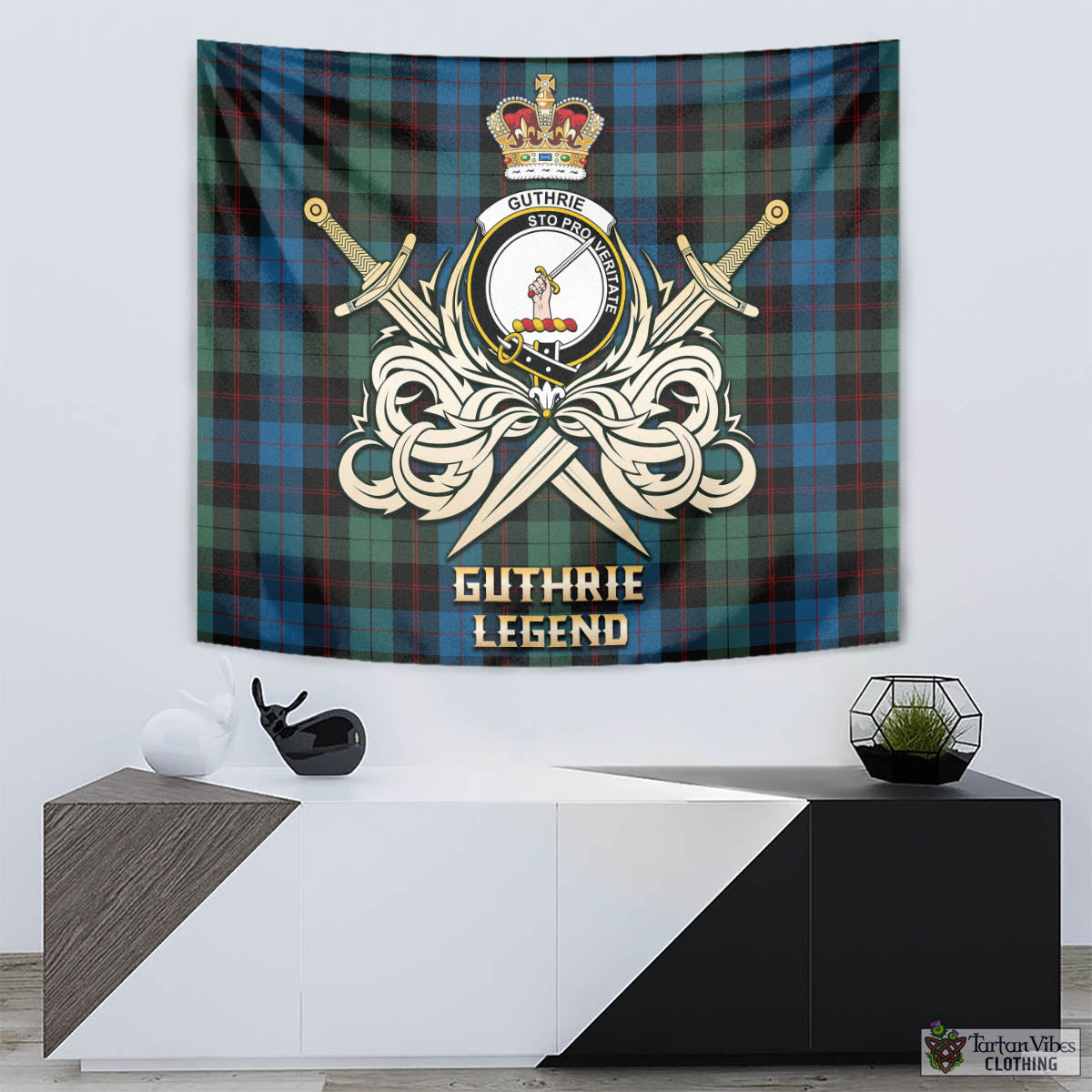 Guthrie Tartan Tapestry with Clan Crest and the Golden Sword of Courageous Legacy - Tartan Vibes Clothing