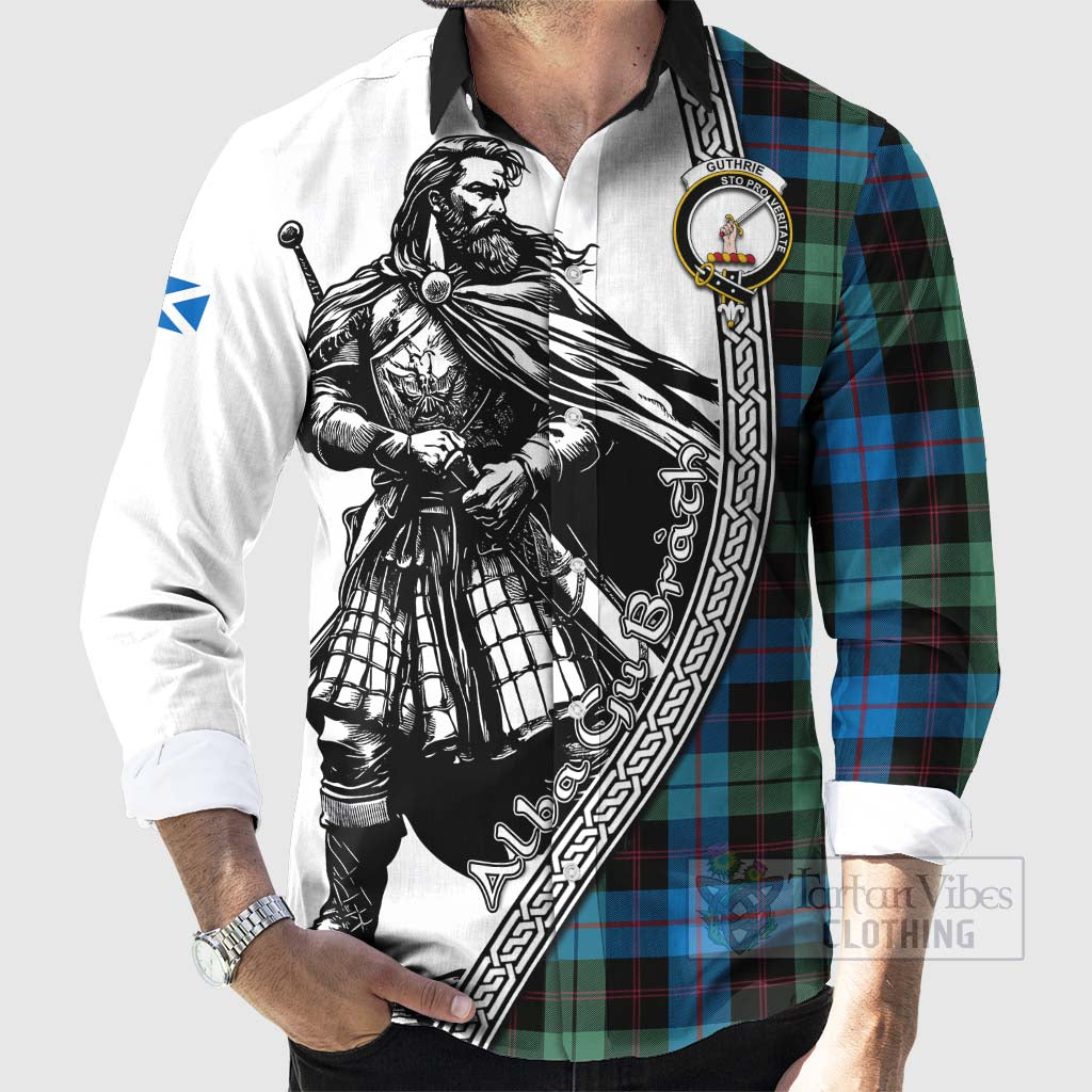 Guthrie Tartan Clan Crest Long Sleeve Button Shirt with Highlander Warrior Celtic Style - Tartan Vibes Clothing
