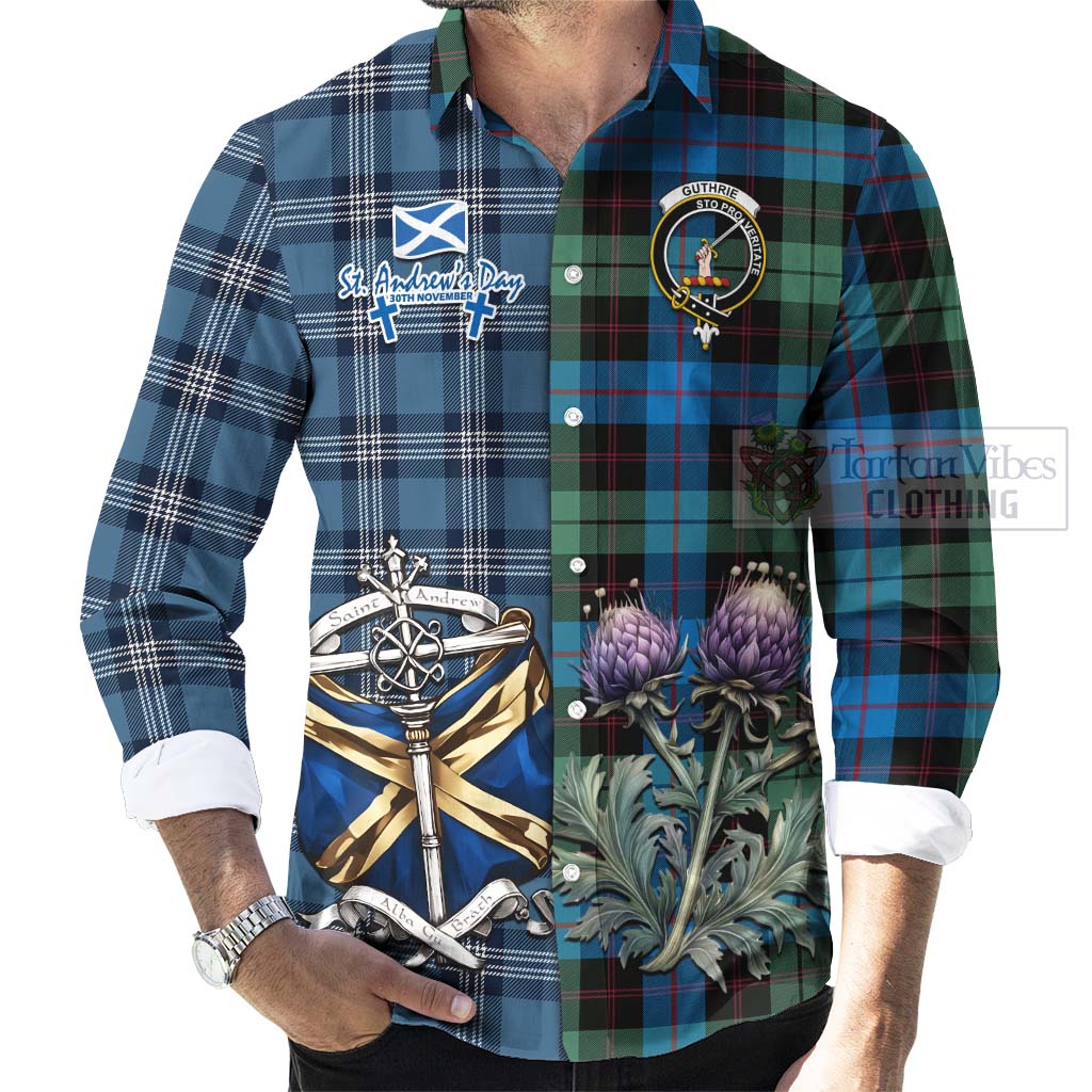 Guthrie Tartan Long Sleeve Button Shirt Happy St. Andrew's Day Half Tartan Style - Tartan Vibes Clothing