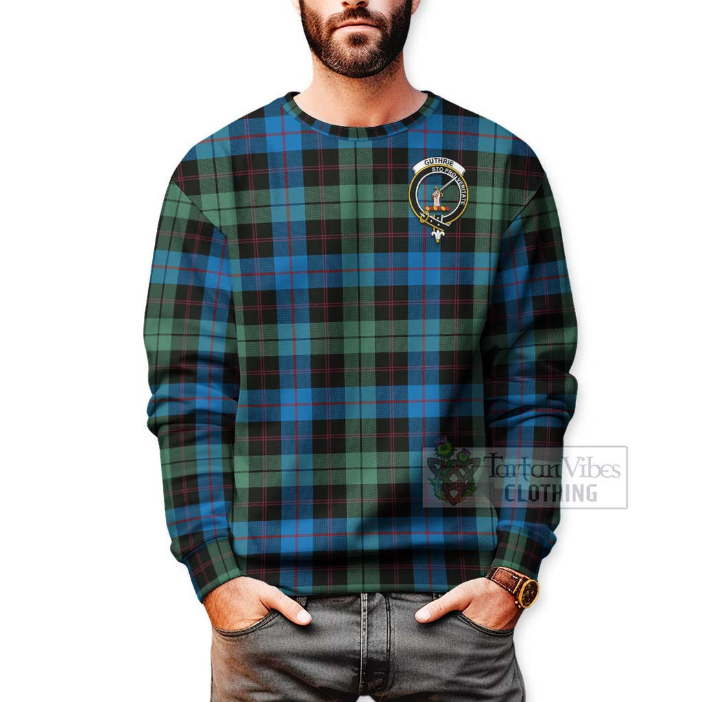 Guthrie Tartan Sweatshirt with Family Crest and Bearded Skull Holding Bottles of Whiskey - Tartan Vibes Clothing