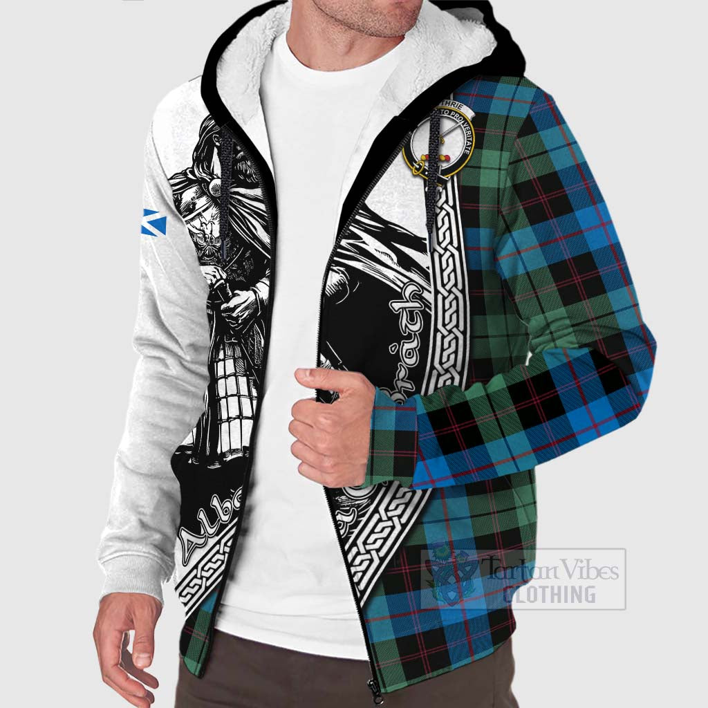 Guthrie Tartan Clan Crest Sherpa Hoodie with Highlander Warrior Celtic Style Unisex - Tartan Vibes Clothing